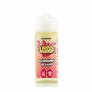 A 120ml bottle of Loaded Raspberry Eclair e-liquid with a child-resistant cap and a label featuring polka dots and raspberry graphics.